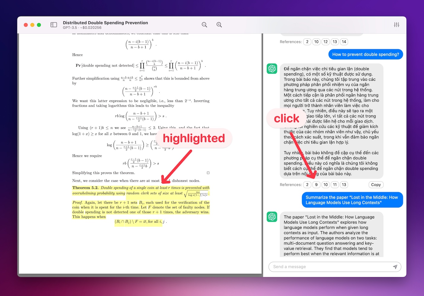Chat with PDF, highlight relevant content