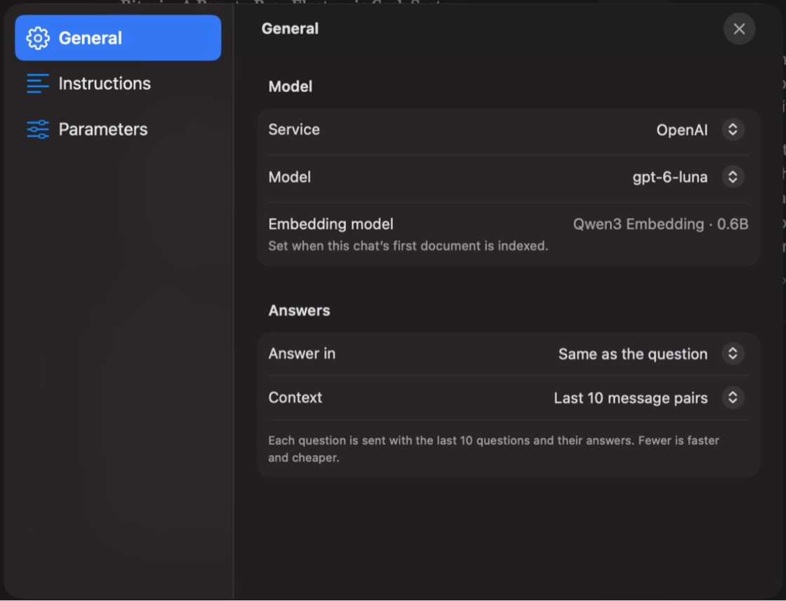Chat Settings, General: service, model, embedding model, Answer in and Context