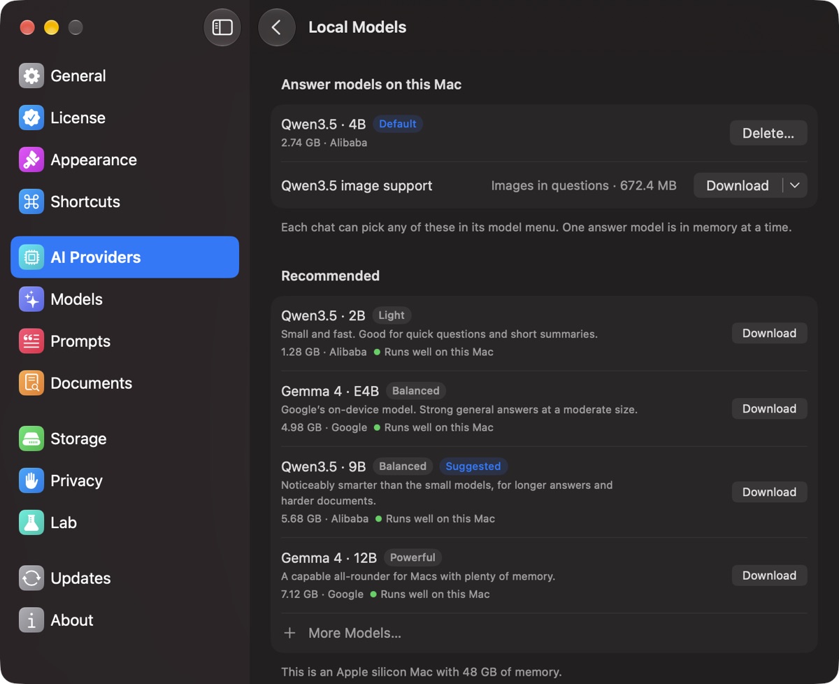 Settings, AI Providers, Local Models: the downloaded answer model and the recommended models with Download buttons