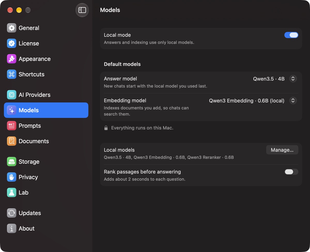 Settings, Models with Local mode turned on and local answer and embedding models
