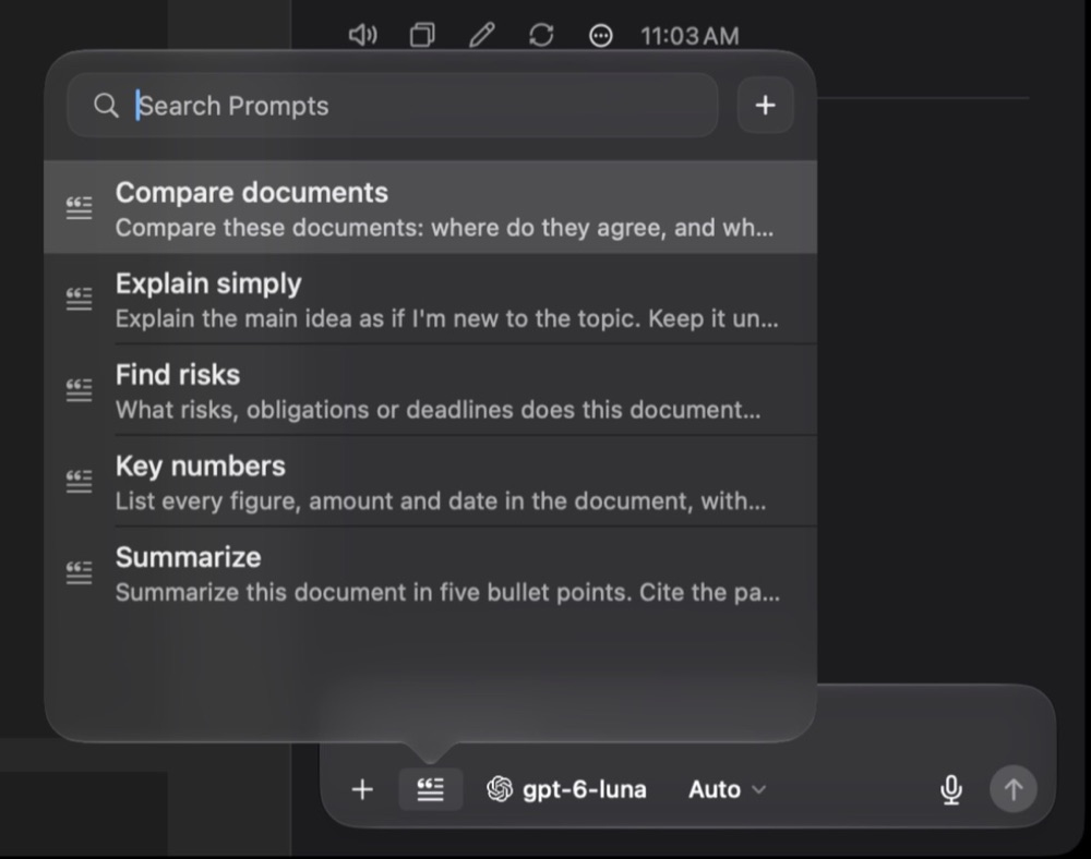 The Insert Prompt picker above the question field, with Search Prompts and five saved prompts