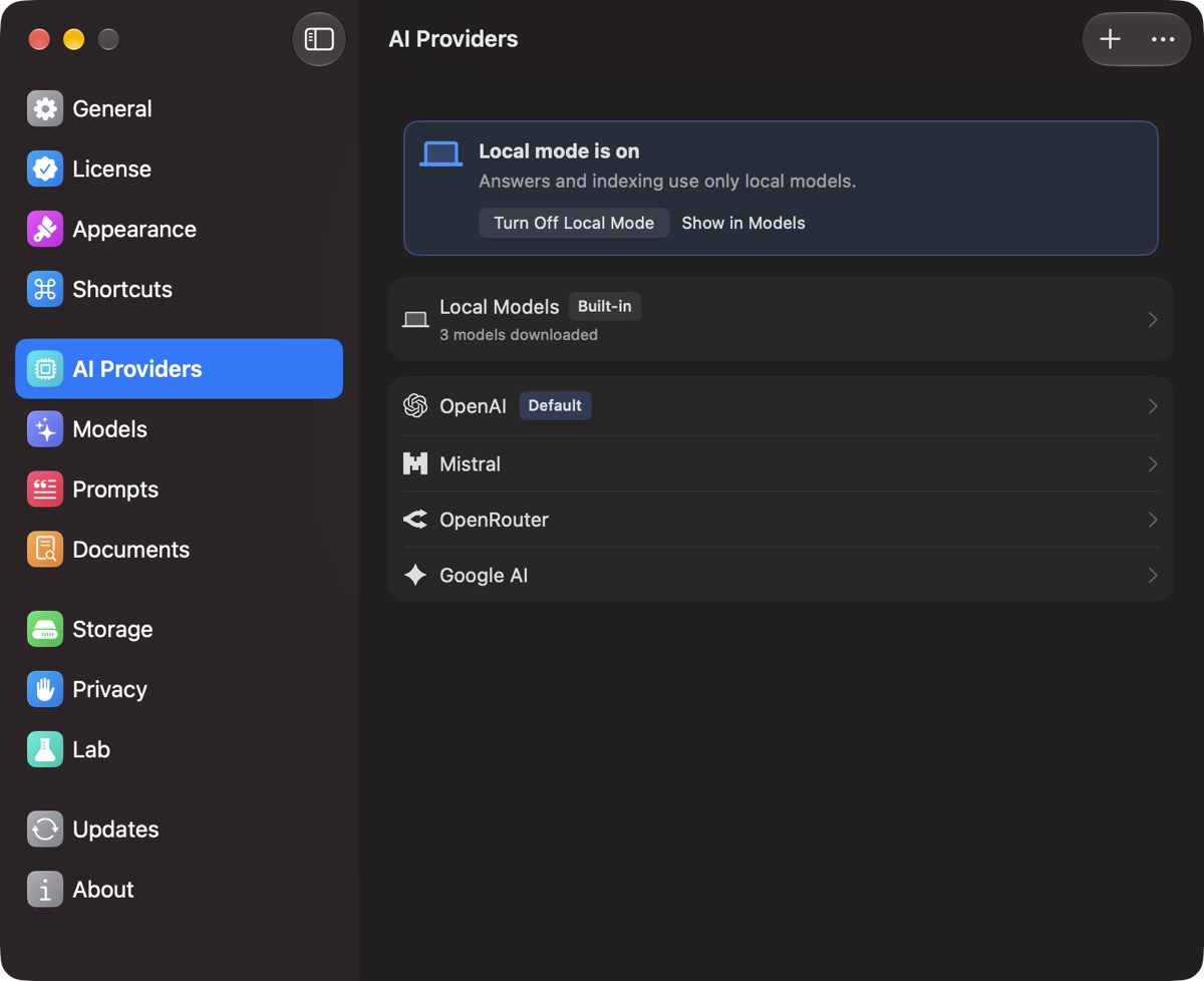 Settings, AI Providers listing Local Models, OpenAI, Mistral, OpenRouter and Google AI
