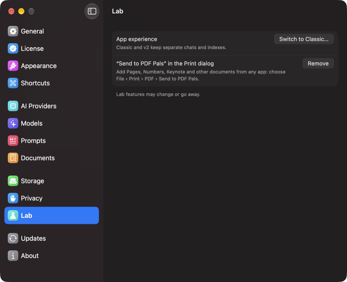 Settings, Lab: Send to PDF Pals in the Print dialog, with a Remove button once it's added