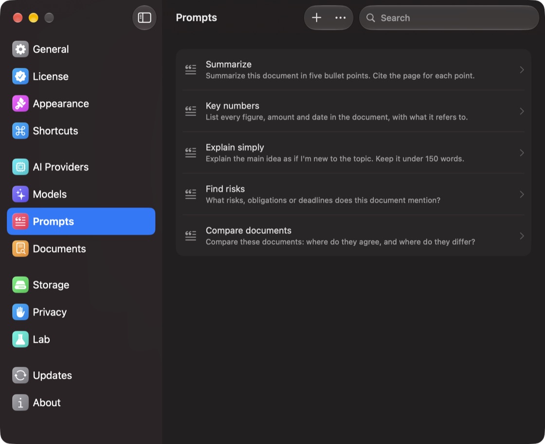 Settings, Prompts: a list of saved prompts