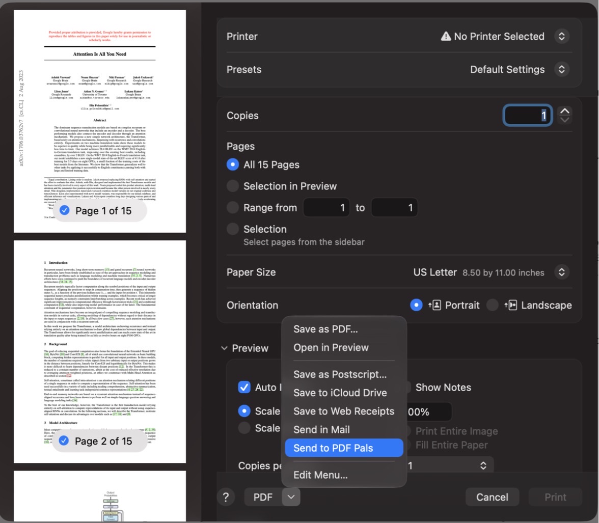 The Print dialog's PDF menu with Send to PDF Pals selected